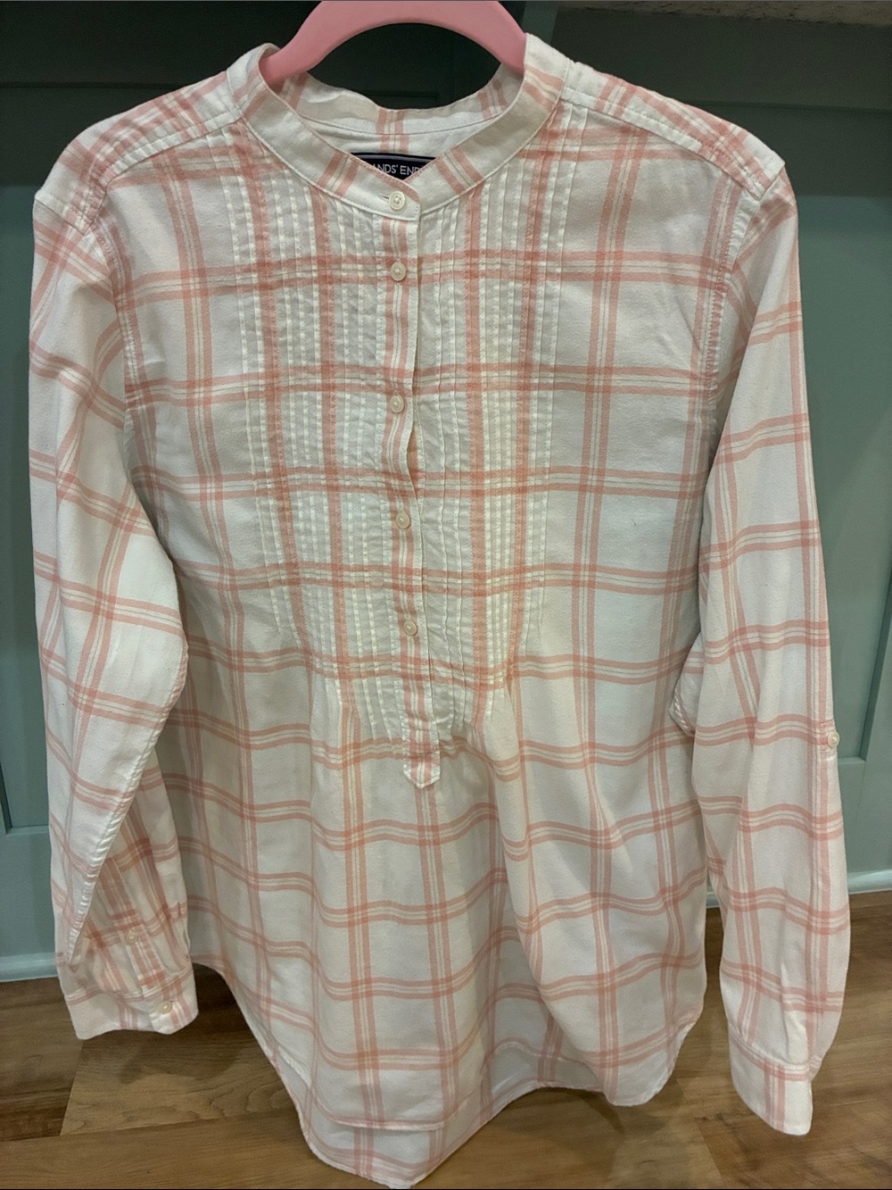 EUC Lands’ End Cotton Flannel Shirt 18 – White Pink Plaid Pintuck Fit & Flare 